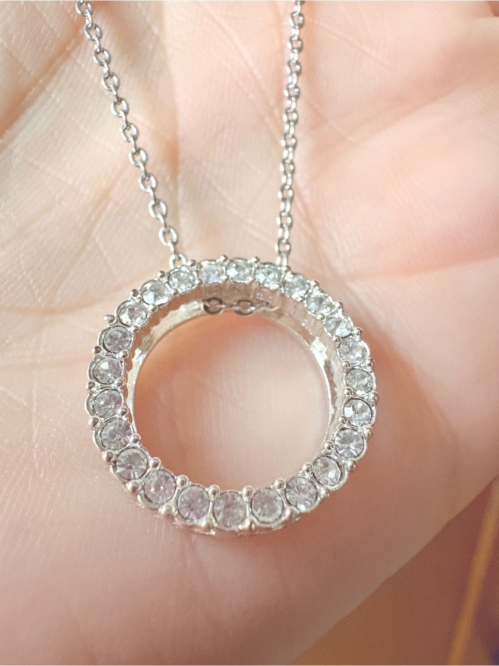 Vintage Avon Crystal Circle Pendant Necklace Silver Tone 2005 NIB